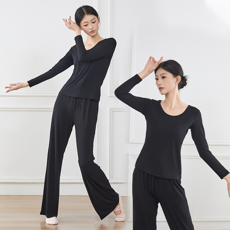 V Neck Modal Dance Practice Clothes for Women Adult Body Training Clothes Set Slimming Look Black Chinese Dance Clothes New Style
