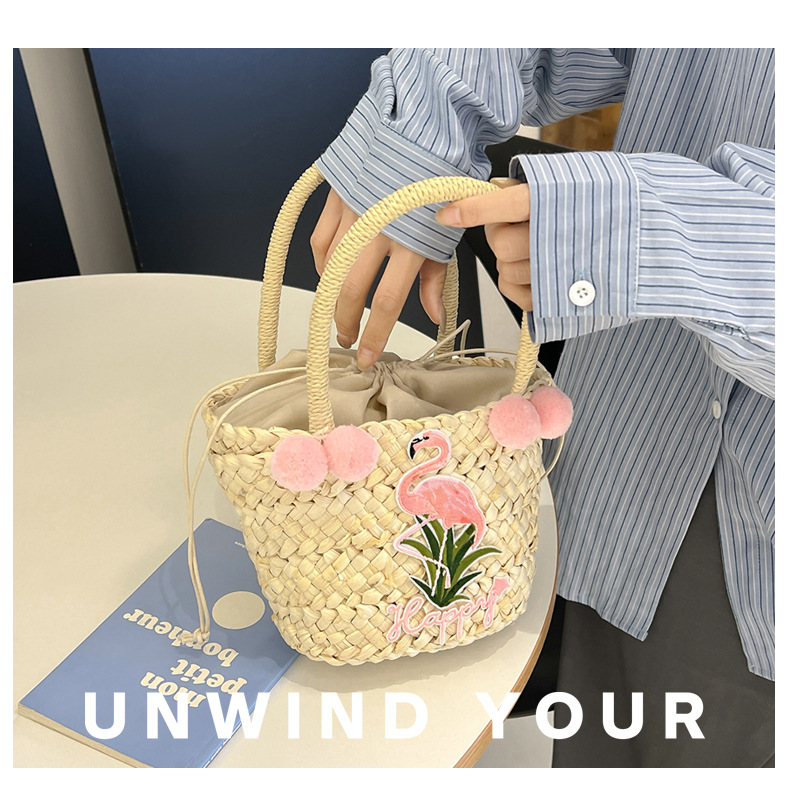 Women's Small Straw Letter Flamingo Flower Vacation Beach Weave Open Straw Bag display picture 6