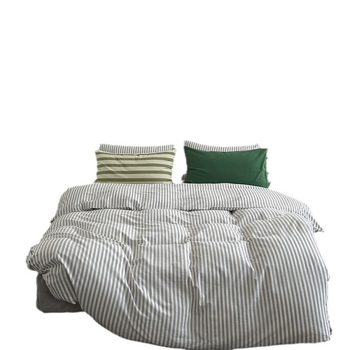 ins简约纯棉水洗棉条纹绿床上四件套全棉1.5m1.8米公寓被套三件套