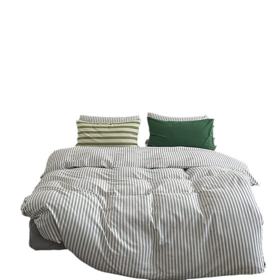ins simple pure cotton washed cotton striped green bed four-piece cotton 1.5 m1.8 m apartment quilt cover three-piece set