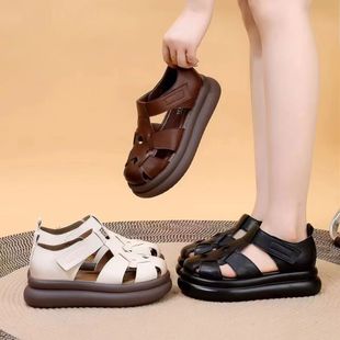 Real Soft Leather Toe-Toe Roman Sandals for Women 2025 Summer New Style Platform Sole Thick Sole Lightweight Women's Sandals Pig Cage Shoes