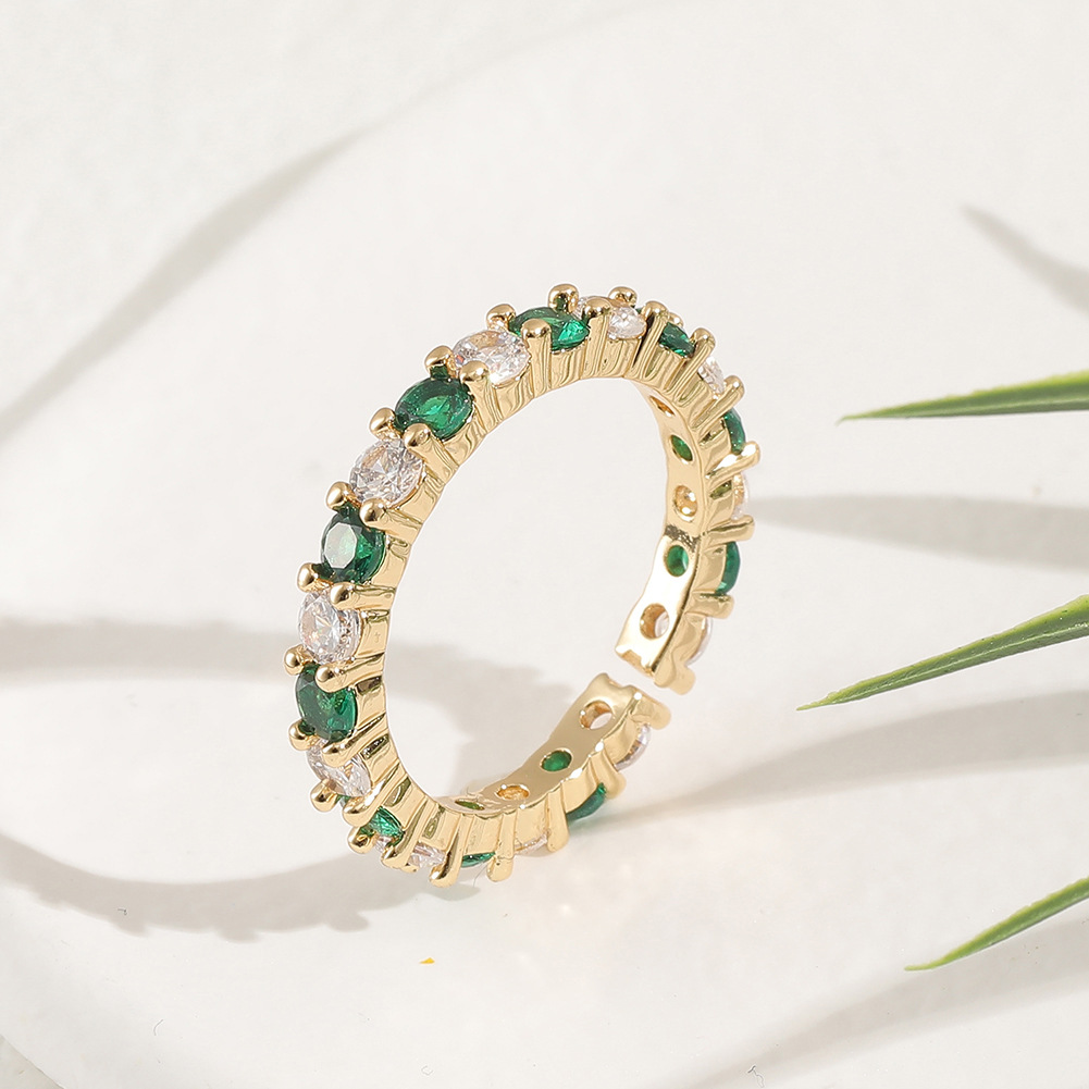 fashion copper micro-encrusted green and white zircon geometric tail ring female