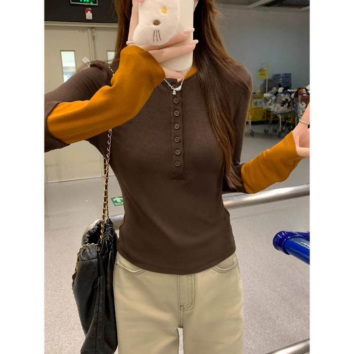 【人棉】撞色拼接长袖T恤女早秋2025新款修身设计感小众打底|undefined