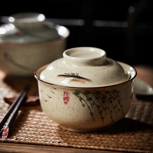 Japanese 6.5-inch instant noodle bowl with lid lunch box student underglaze ceramic set ramen bowl canteen tableware