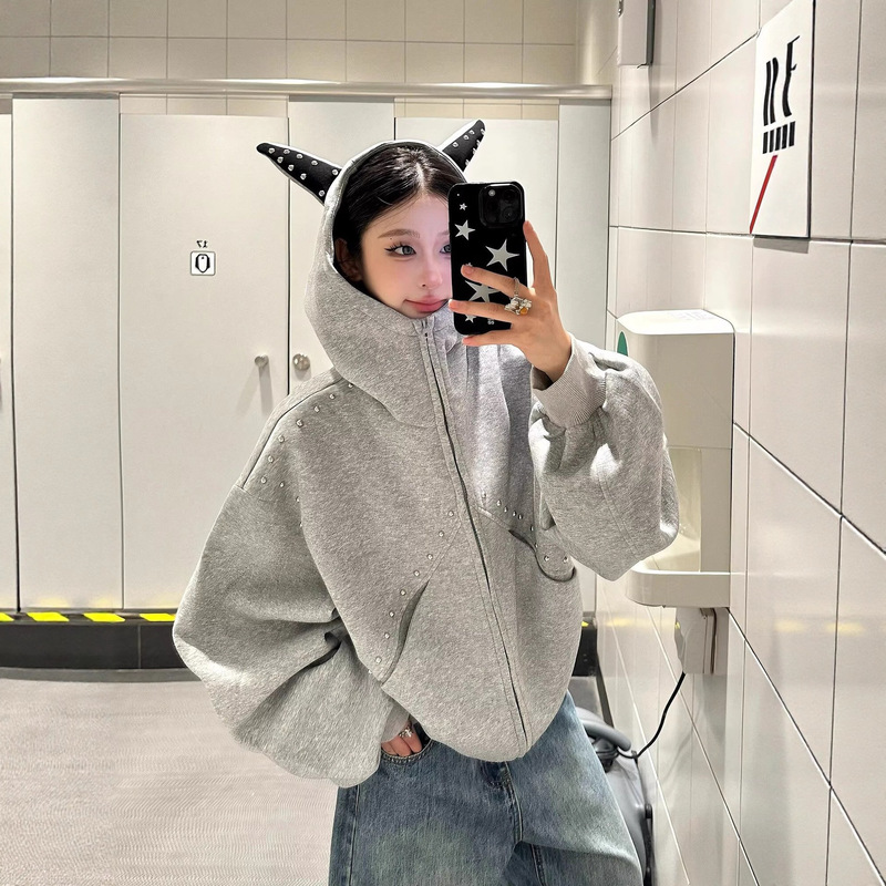 春季女款太空棉连帽重磅开衫卫衣纯色百搭女上衣情侣春秋短款外套|undefined