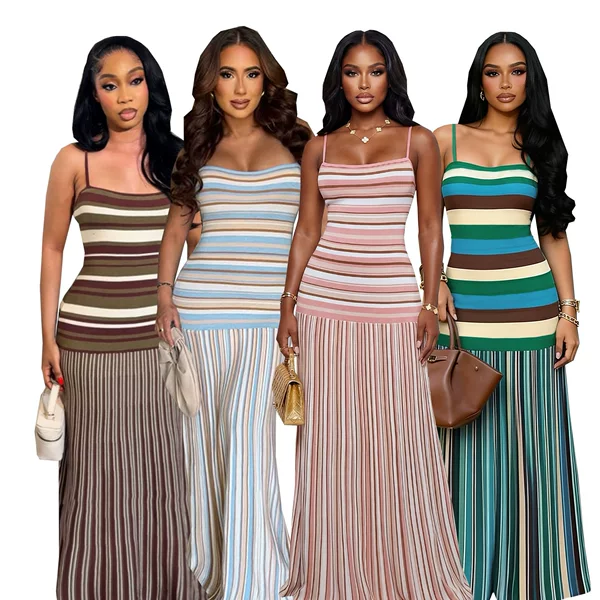 Tw861 European and American Cross-Border Women's Summer Fashion Color-Blocked Backless Striped Dress Fresh Vacation Style