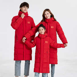 中国红2022冬季新时尚亲子保暖棉衣加长加厚羽绒棉袄外套男女同款