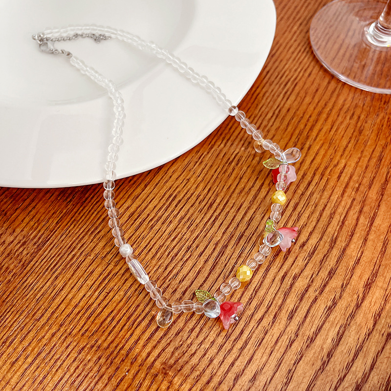 INS color caramelo con cuentas collar apilado vintage contraste color barroco perla Tulip colgante clavícula cadena femenina