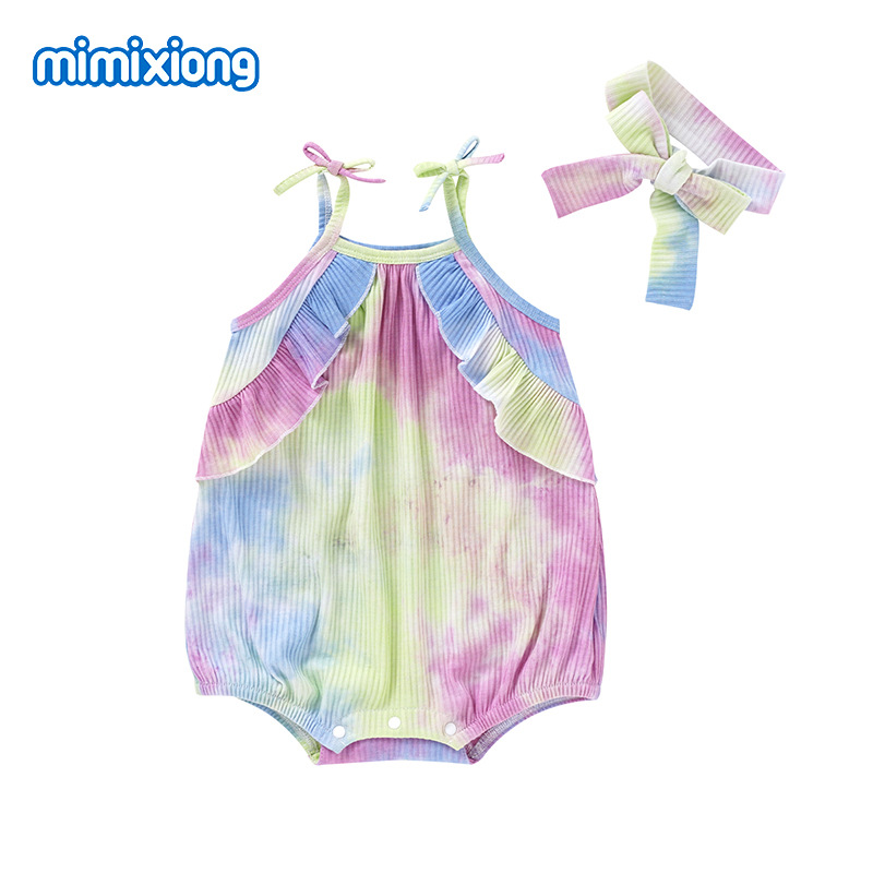 ins热卖女童荷叶花边吊带连体哈衣彩虹印染发带女童哈衣