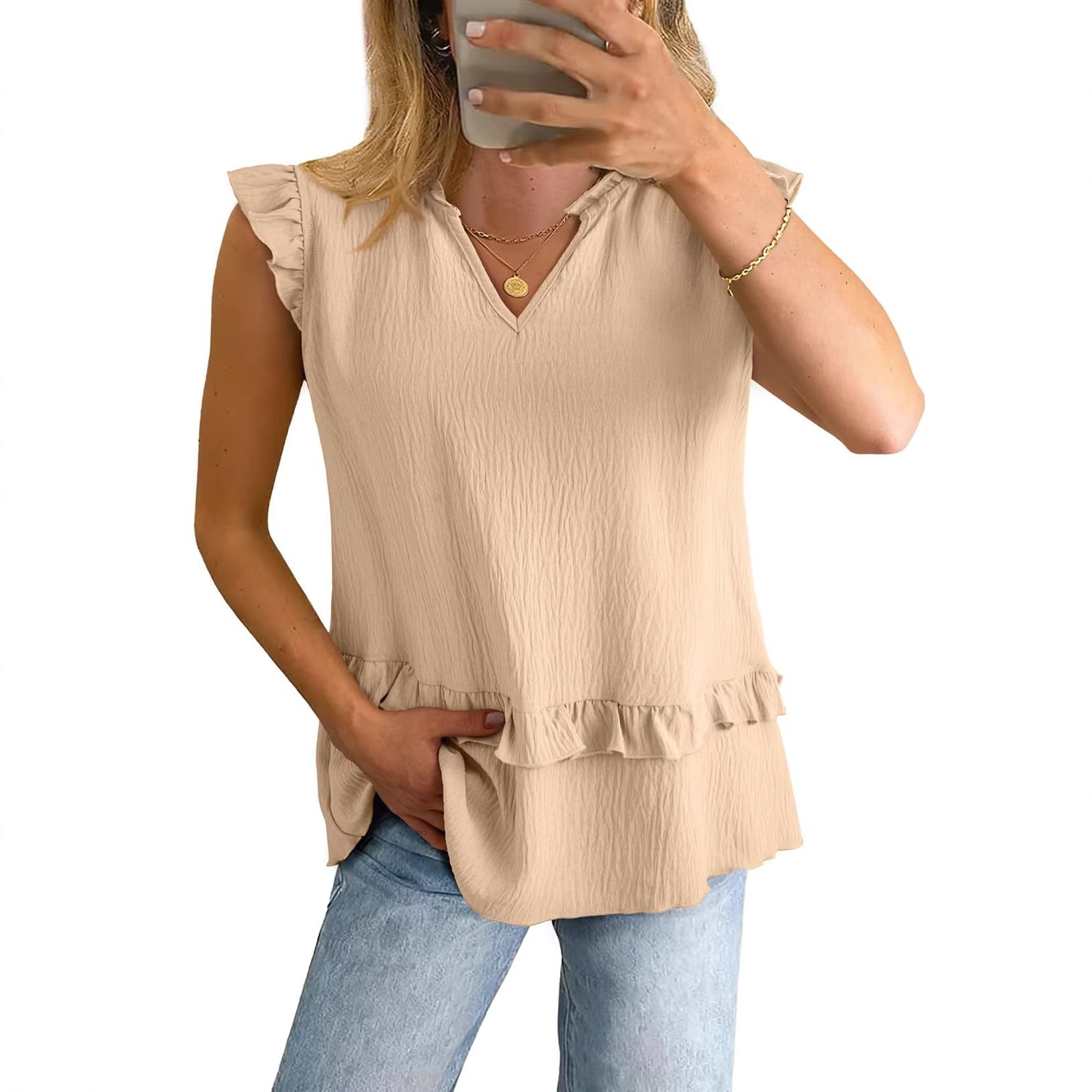 Women's Sleeveless V-Neck Blouse With Ruffle Trim, Flowy Relaxed Fit Casual Shirt For Summer Versatile And Easy To Wear_ecoleips.com