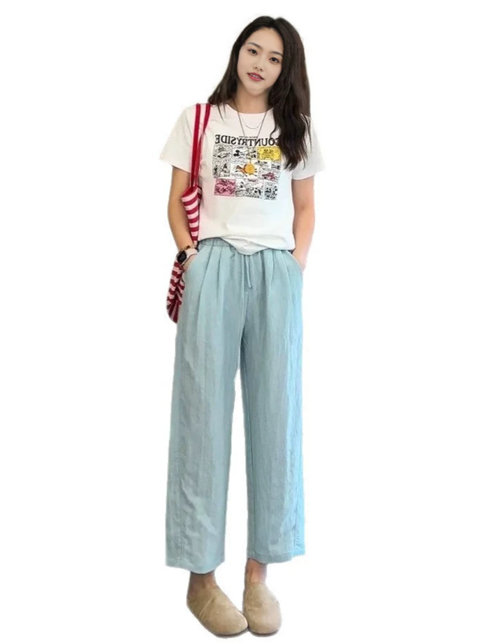 Quần culottes nữ ống rộng vải lyocell linen mùa hè dáng suông ống đứng — Xanh da trời chín phân