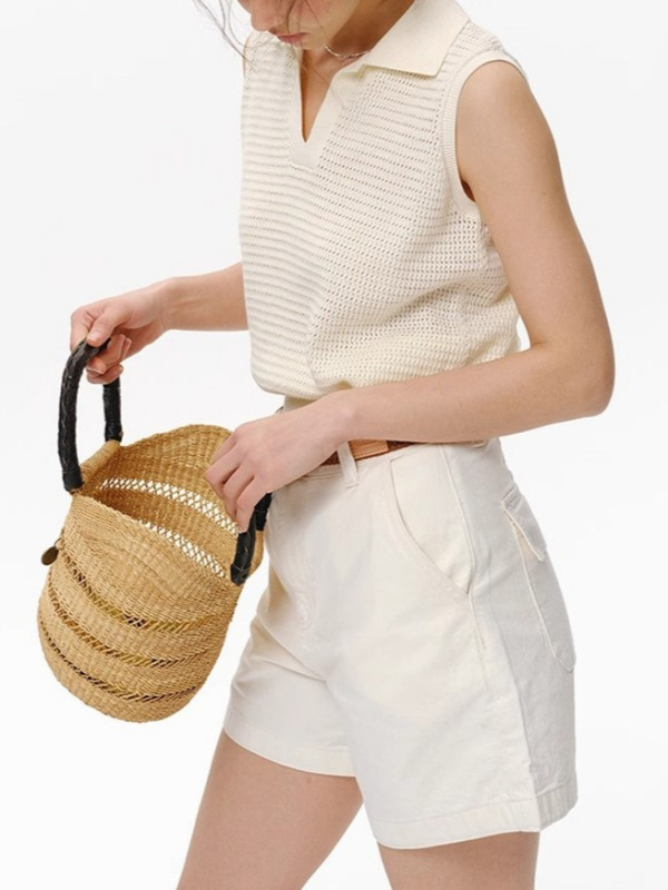 ピットテクスチャーニット半袖ポロカラーベスト女性の夏の新しいスタイル中空スリムノースリーブトップ|undefined