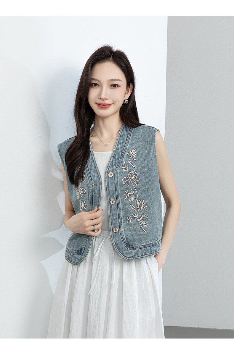 Áo vest denim thêu hoa nữ không tay, phong cách rộng thoải mái — xanh lam chi tiết 16