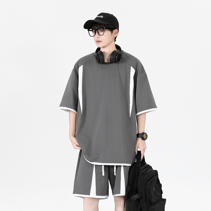 Verano versión suelta camiseta de cuello redondo manga corta pantalones cortos hombre juego de ocio deportivo juvenil hombre guapo juego de dos piezas