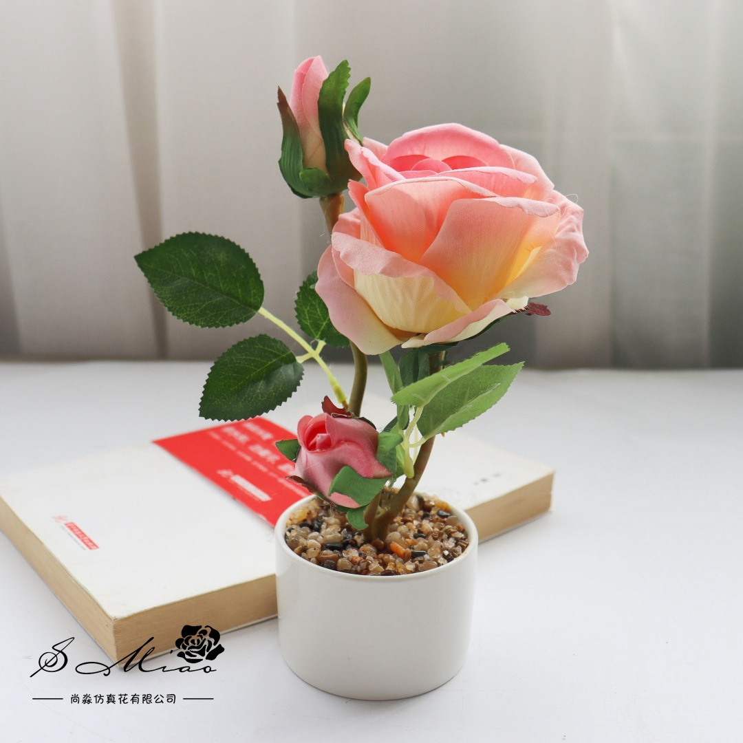 Flores falsas de terciopelo de alta calidad rosa pequeña flor de bonsai decoración de moda creativa plantación verde artificial imitación maceta