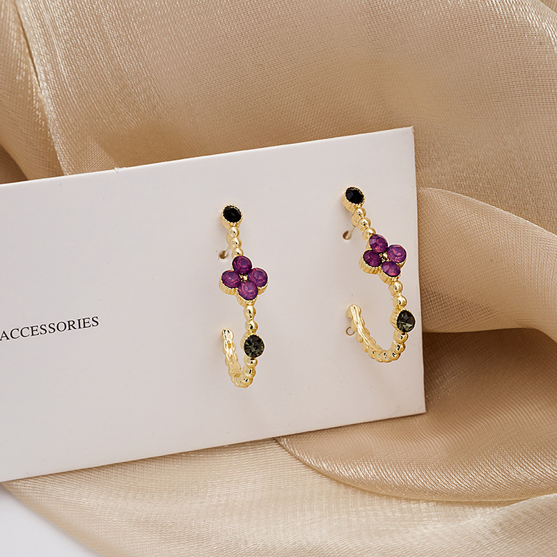 vintage contrast color purple flower Cshaped diamond stud earrings wholesalepicture3