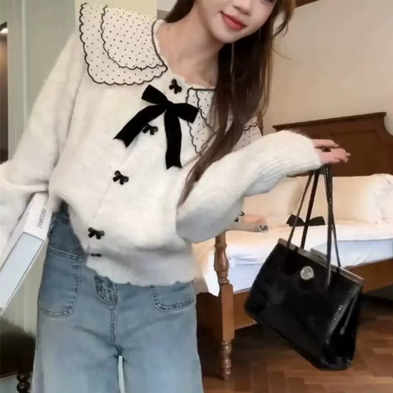 韩系娃娃领设计感软糯毛衣女秋冬新款甜美温柔风减龄针织开衫上衣