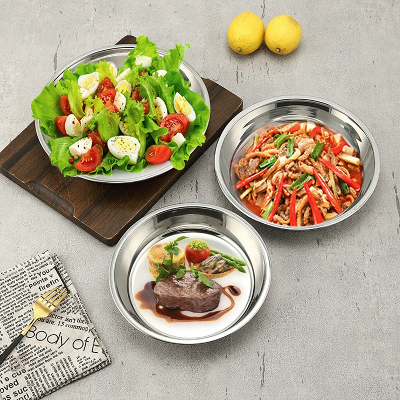 Нержавеющая сталь плита, shallow plate, корейская бытовая плоская тарелка с дном, паровая тарелка, фруктовая тарелка, паровая тарелка, тарелка для торта, круглая тарелка