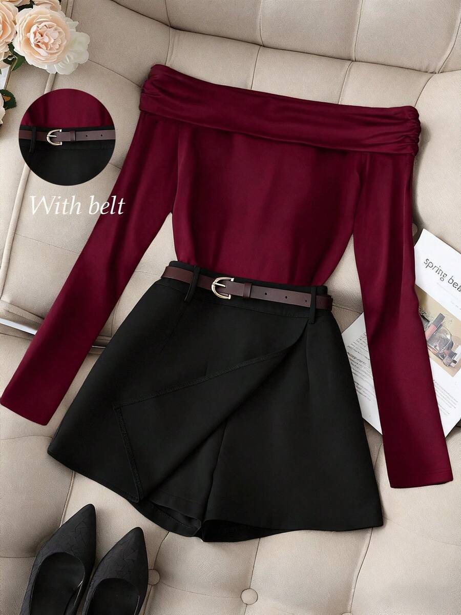 Women's Off-Shoulder Long Sleeve T-Shirt Shorts Skirt Set_ecoleips.com
