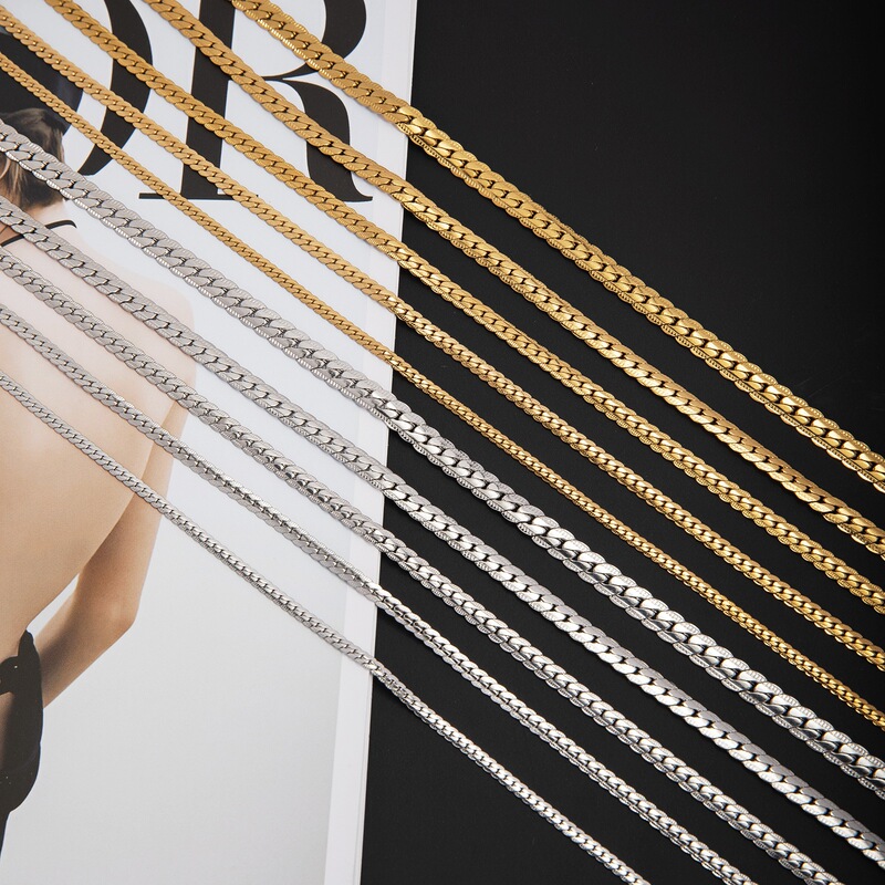 European and American Style Stainless Steel Embossed Fr Encrypted Nk Chain Titanium Steel Fashion Trendy Embossed Cuban Chain Vacuum Electroplated 18K Gold