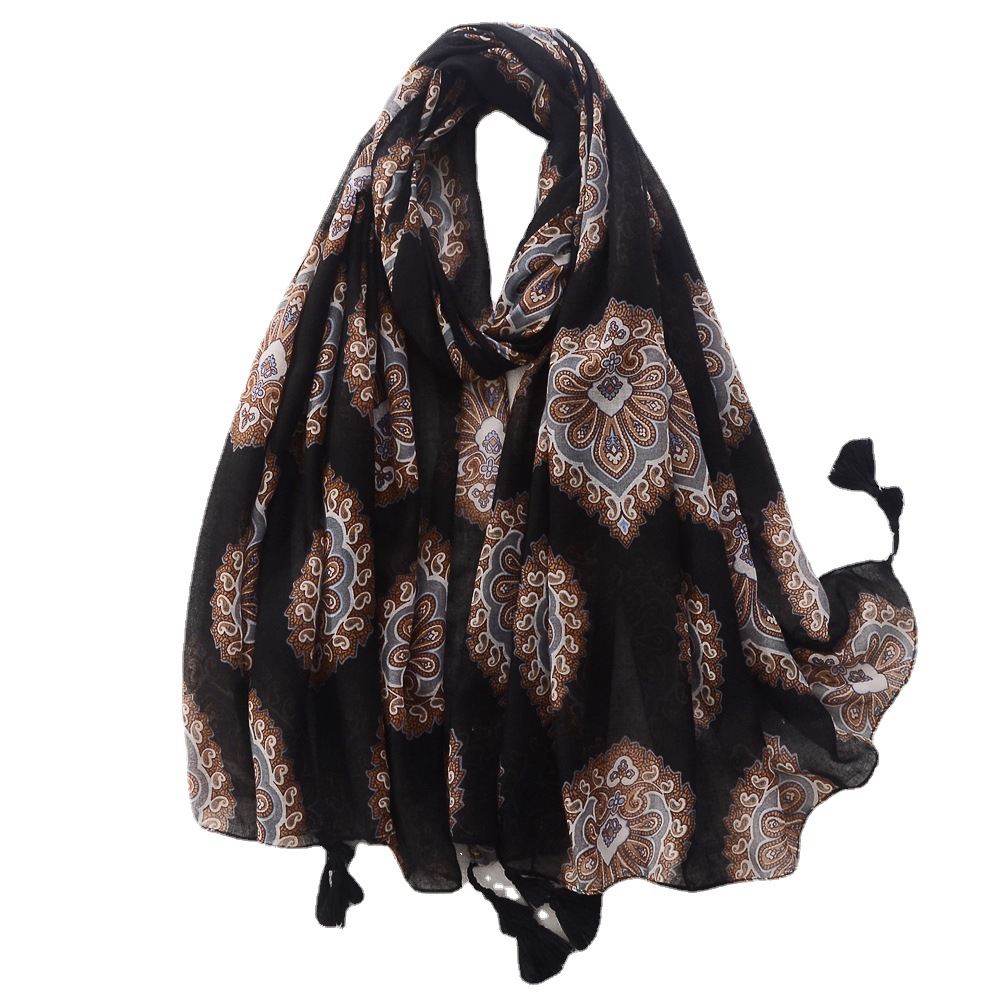 Comercio exterior transfronterizo tótem vintage impresión decorativa de algodón y lino sensación bufanda borla bufanda de viaje protector solar bufanda chal