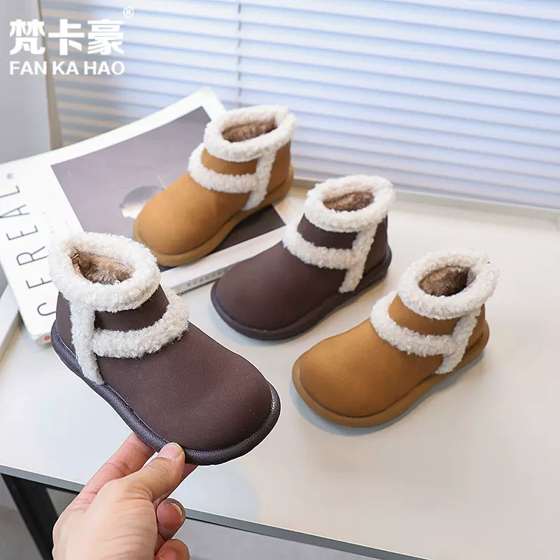 梵卡豪女童时尚羊羔毛雪地靴2024冬季新款儿童加绒加厚棉鞋短靴