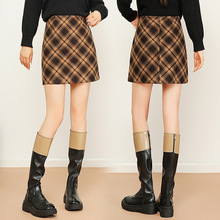 品牌毛呢格子女式半身裙2024新款高腰显瘦包臀裙英伦格子A字短裙