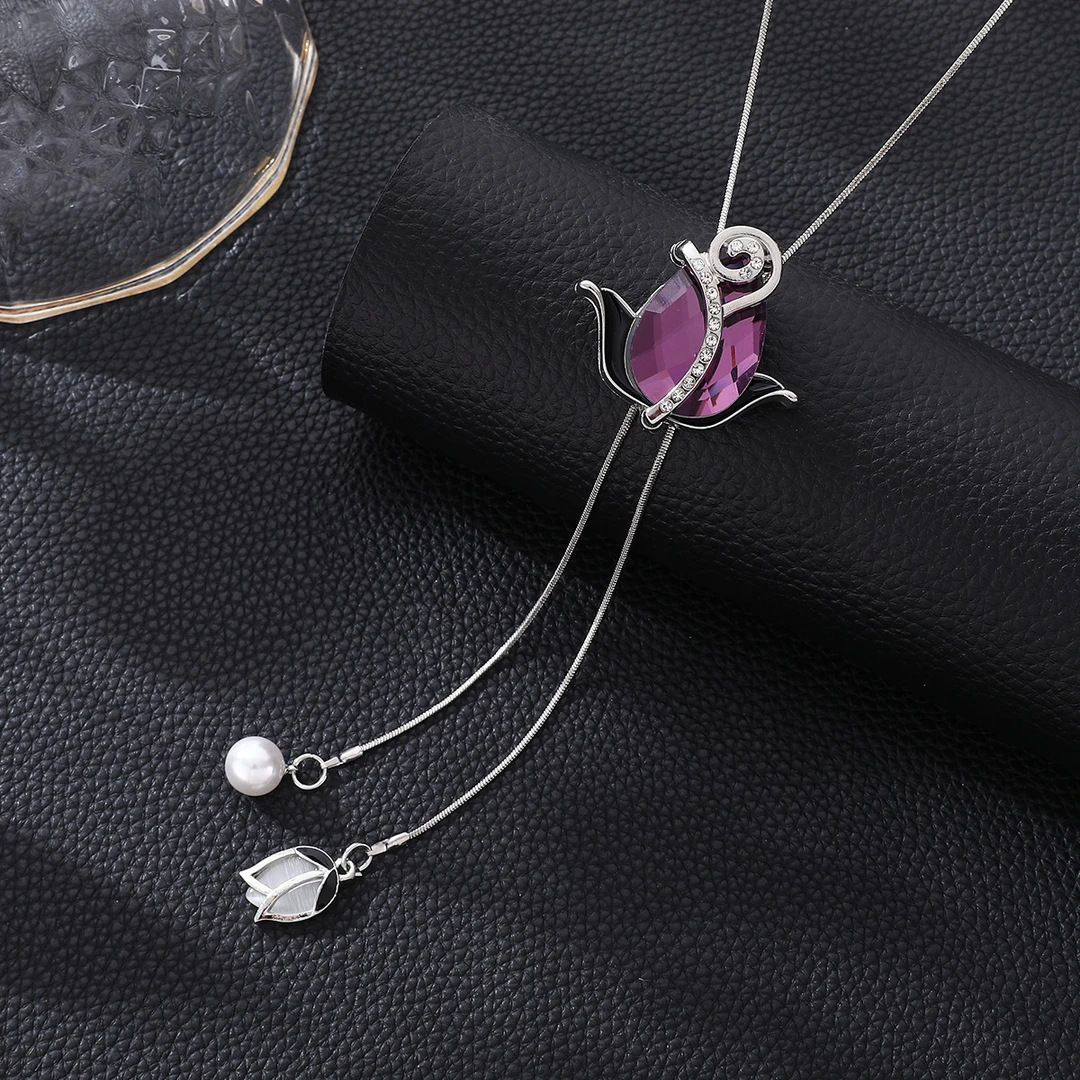 Collar Largo para Suéter con Borla y Perlas de Aleación para Otoño e Invierno
