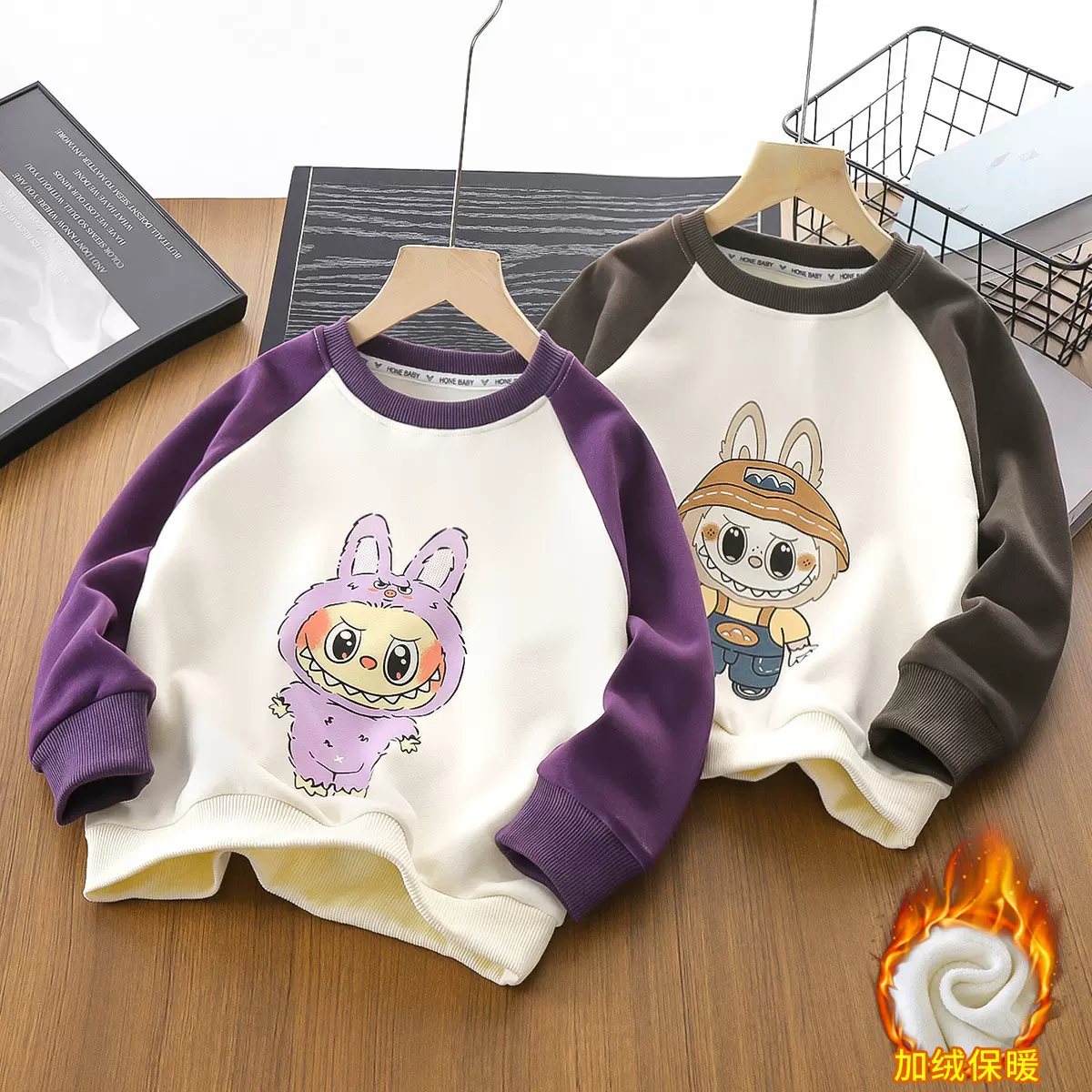 新款儿童华棉保暖卫衣秋冬加绒加厚T恤男女童拉布布卡通长袖上衣