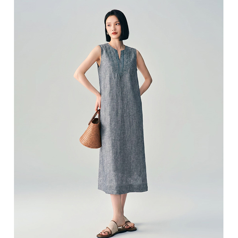 【Xiao Yu's Order】Vintage Linen Sleeveless Dress V-Neck Ethnic Embroidery Loose Vacation Long Straight Dress