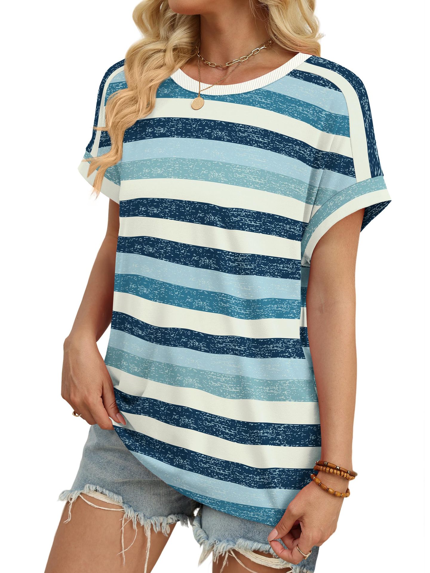 Summer New Women's Round Neck Casual Striped T-Shirt Short Sleeve Top American Style_ecoleips.com