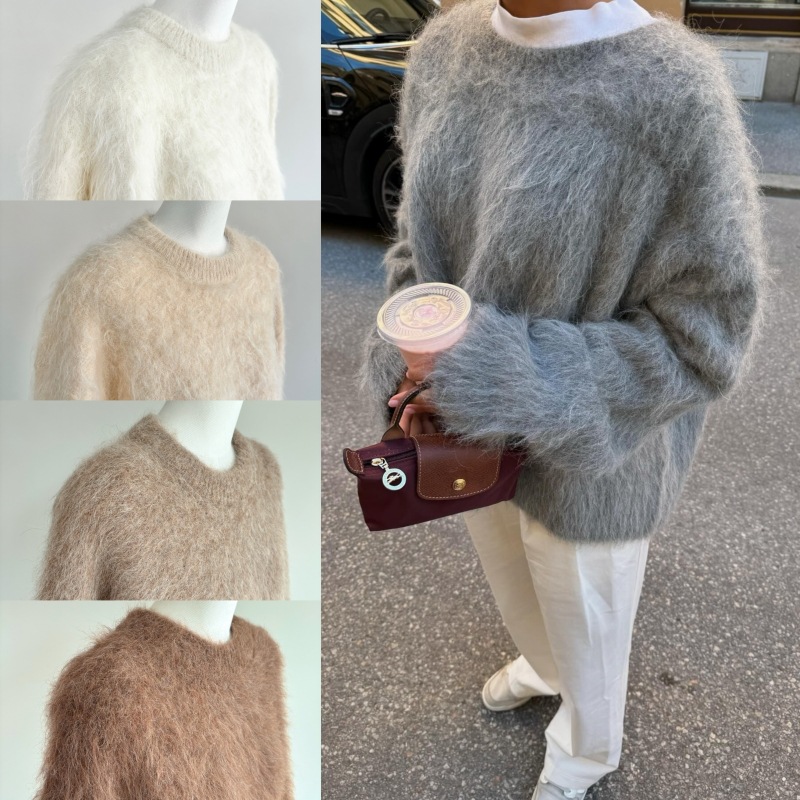 N007秋冬新款北欧TOT高比例羊驼毛圆领宽松慵懒长袖套头针织毛衣