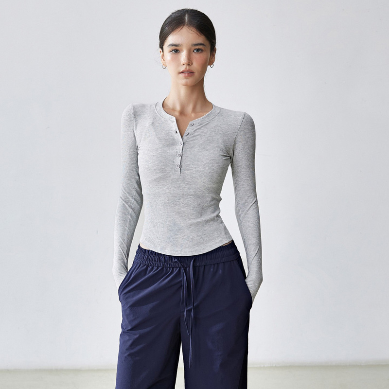 Autumn and Winter Henley Shirt Women's Yoga Wear Long-Sleeved Slim Sportswear Fitness Wear Pilates Training Bottoming Slimming Look Top Autumn and Winter Henley Shirt Women's Yoga Wear Long-Sleeved Slim Sportswear Fitness Wear Pilates Training Bottoming Slimming Look Top
