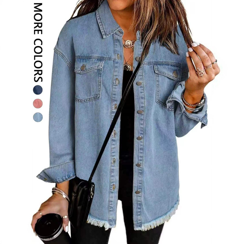 Cross-Border Foreign Trade New European and American Autumn and Winter Washed Edge Hem Personalized Street Denim Shirt Jacket for Women Cross-Border Foreign Trade New European and American Autumn and Winter Washed Edge Hem Personalized Street Denim Shirt Jacket for Women