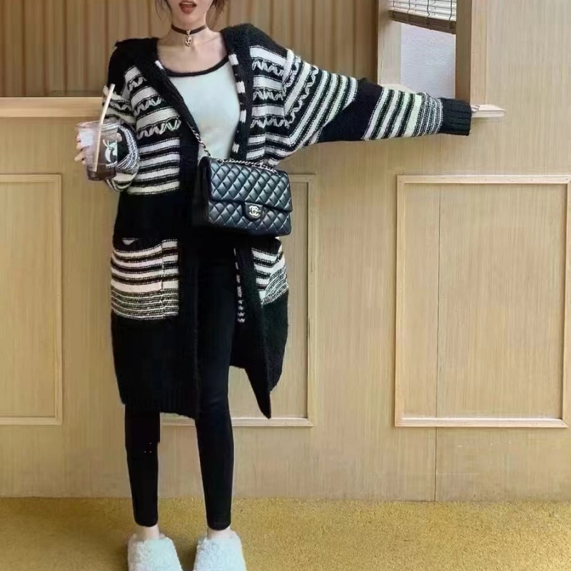 American Retro Hooded Sweater Jacket for Women, Lazy Style, High-End, Mid-Length Design, Contrasting Stripesd Knitted Cardigan