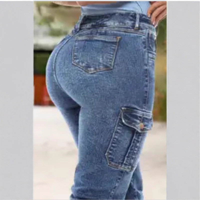 跨境Womenjeans美式破洞弹力紧身橡筋脚口多口袋工装裤修身牛仔裤|undefined
