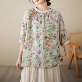 日韩外贸2025夏新款文艺时尚宽松印花圆领五分袖衬衫女衬衣上衣