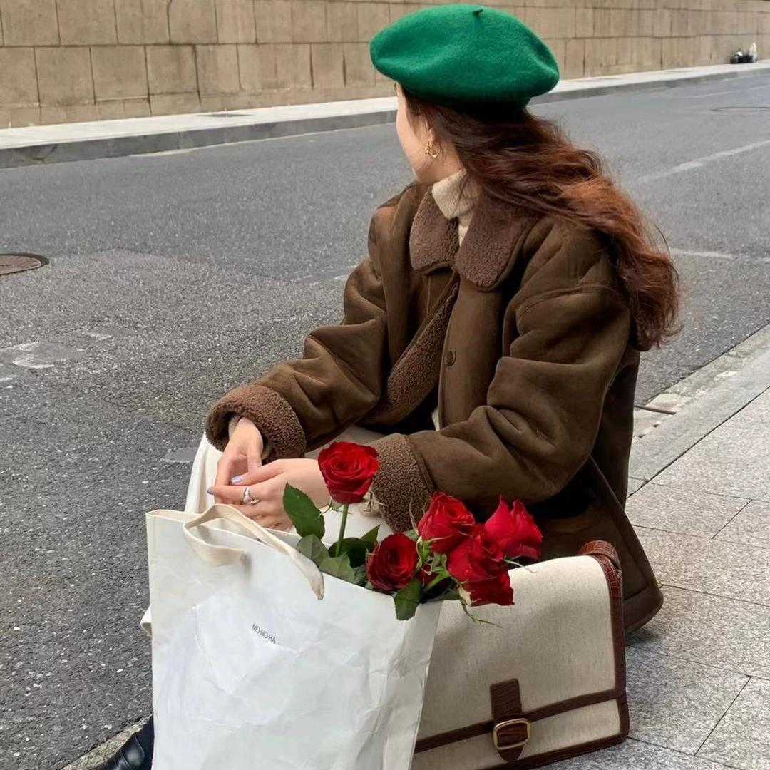 Зимняя двусторонняя куртка в корейском стиле с отложным воротником, двумя карманами, утепленная и теплая, с наполнителем из овечьей шерсти, для женщин.