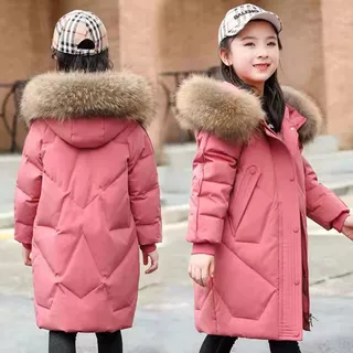 欧美童装跨境外贸冬款冬季纯色大毛领连帽女童棉衣加厚中大童棉袄