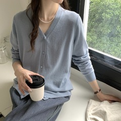 温柔初秋！100纯羊毛针织开衫上衣女2025新款宽松百搭长袖V领毛衣