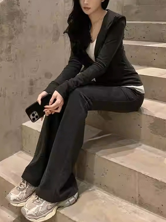 晨曦2025新款春秋穿搭休闲运动套装女修身收腰连帽卫衣微喇裤子|undefined