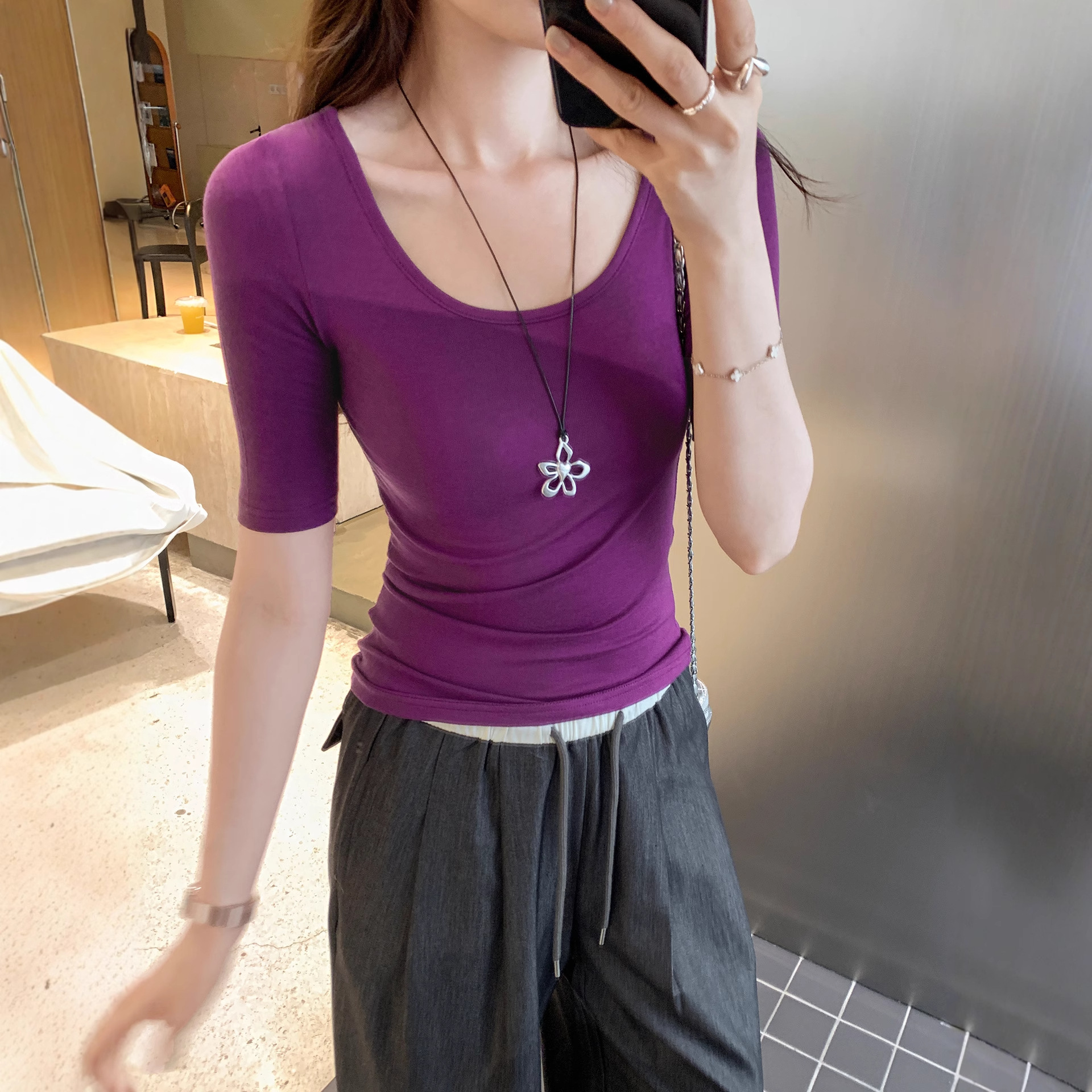 European Lyocell Tencel Wool Thin Pure Desire U-Neck Right Shoulder Mid-Sleeve T-Shirt 2025 Summer New Commuter Top