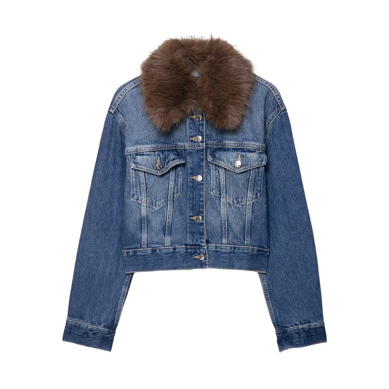 Foreign Trade Cross-Border Wholesale 2025 Autumn New Women's Short Flip-Up Faux Fur Effect Denim Jacket