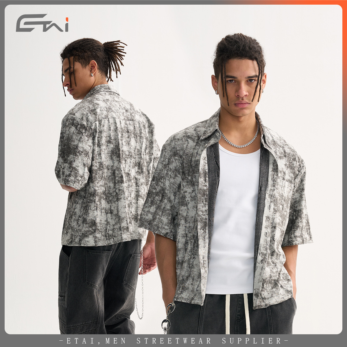 ETAI Ropa para hombres | Tendencia de la moda Camisa corta y ancha Batik para hombres Camisa con botones de estilo retro neutro de alta calidad