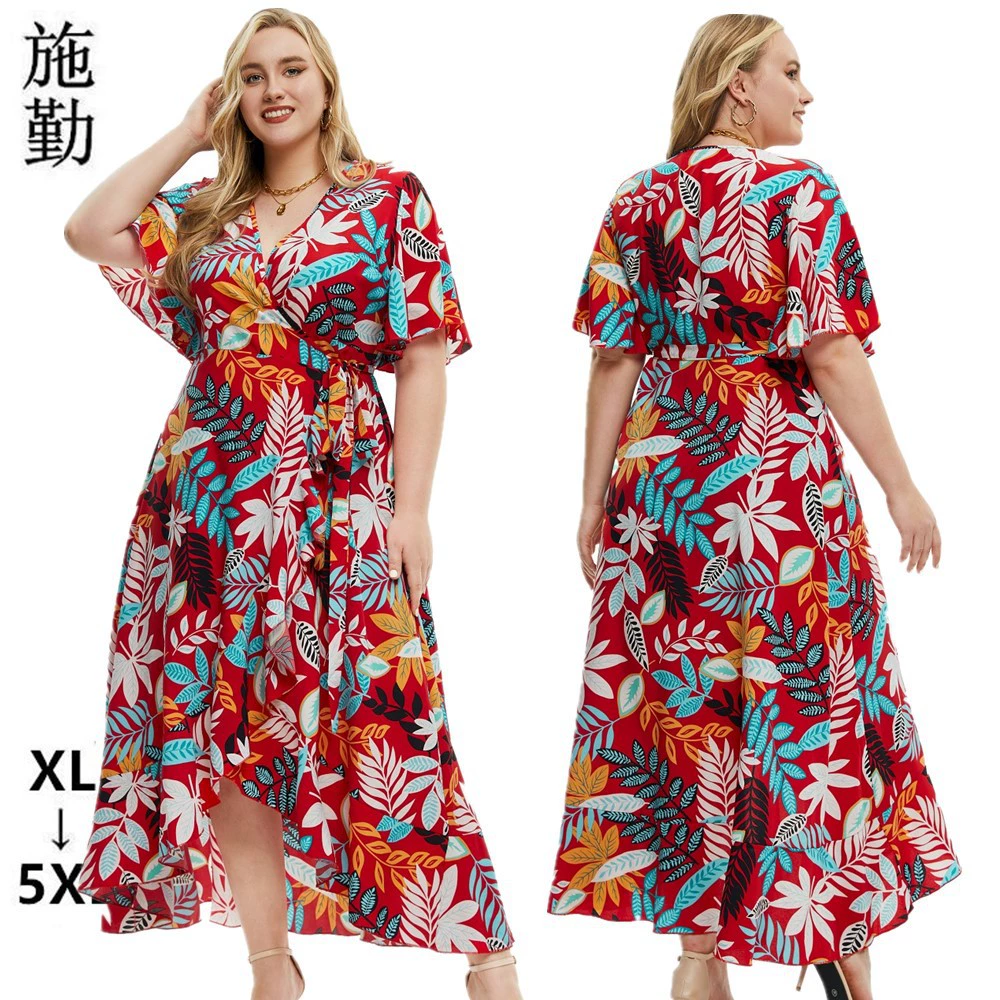 2024 Amazon плюс размер женская летняя новая модель с короткими рукавами и принтом богемное пляжное платье SQ0232