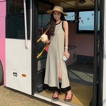 夏日度假风高开叉流苏长款竖条纹针织背心裙圆领套头无袖连衣裙