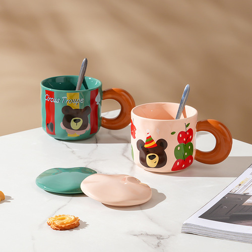 马克杯可爱小熊杯子带盖勺陶瓷杯女生奶fufu咖啡杯家用早餐杯批发