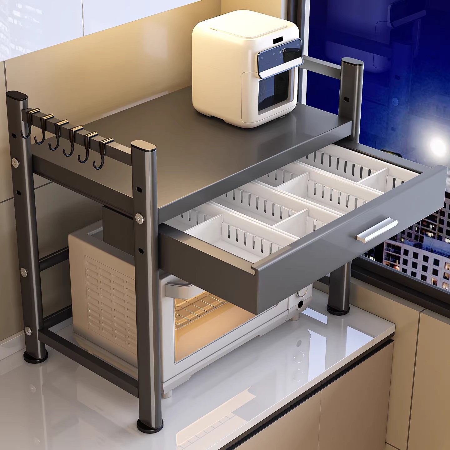 Kitchen microwave shelf, countertop organizer, multi-functional oven stand, household multi-layer storage with drawers