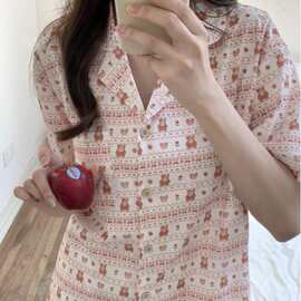 韩国ins女士夏季新品甜美草莓小熊减龄印花宽松大码居家睡衣套装