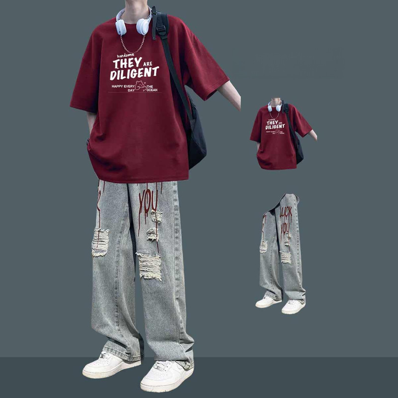 Summer American Trendy Brand Short-Sleeved T-Shirt Two-Piece Suit, Handsome Outfit for Middle and High School Students, Men's Wear with Jeans